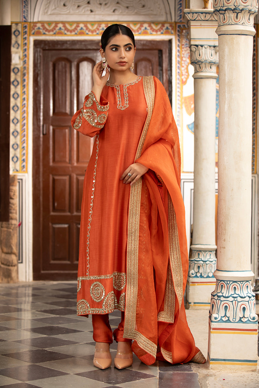 Rust Kurta Set With Churidar And Dupatta