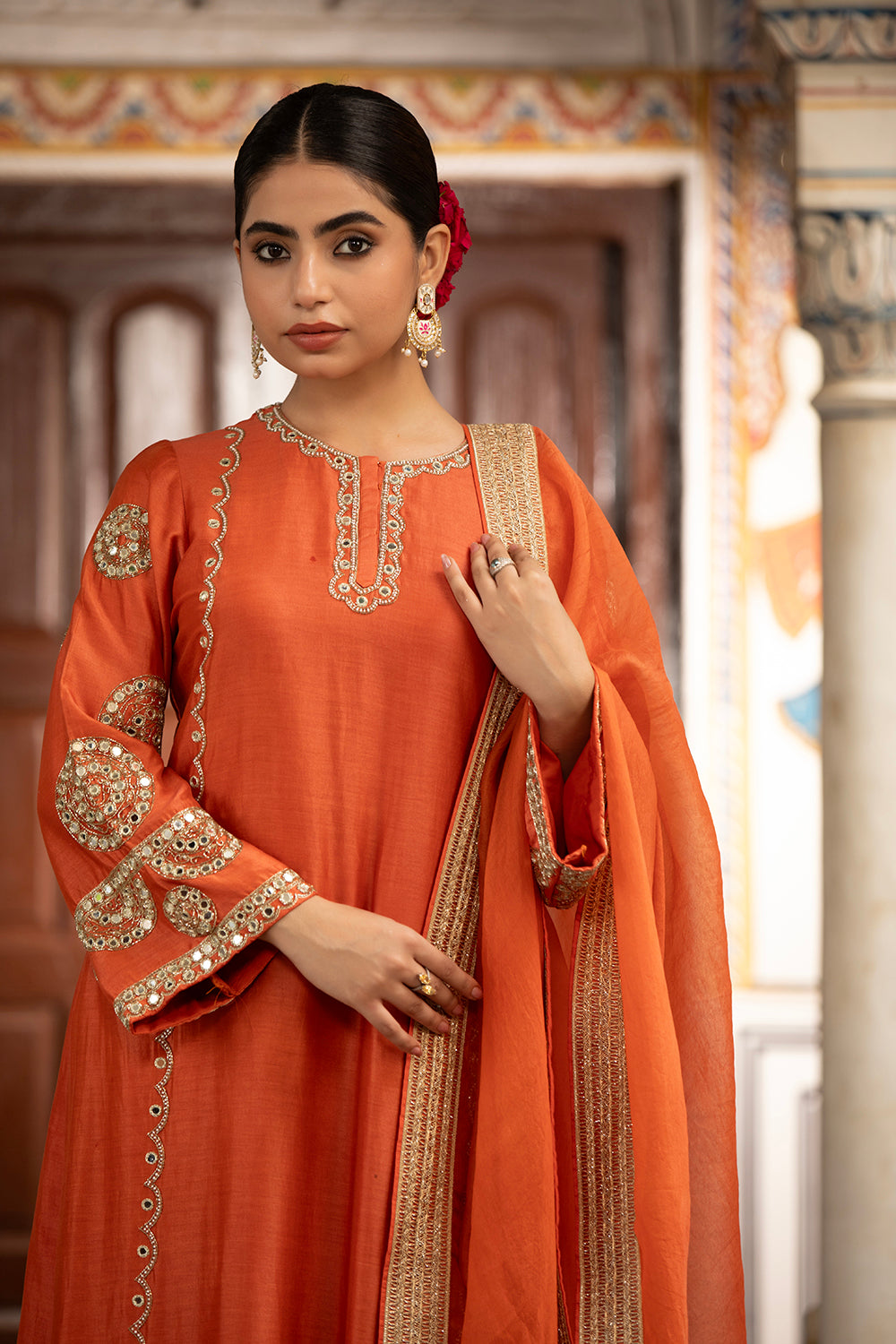 Rust Kurta Set With Churidar And Dupatta