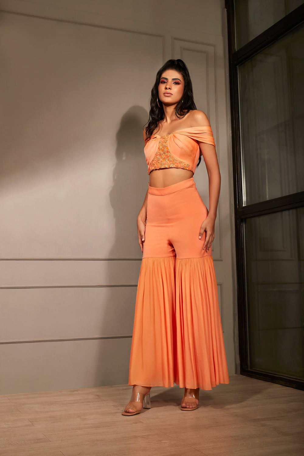 Orange Off Shoulder Top And Sharara Pants