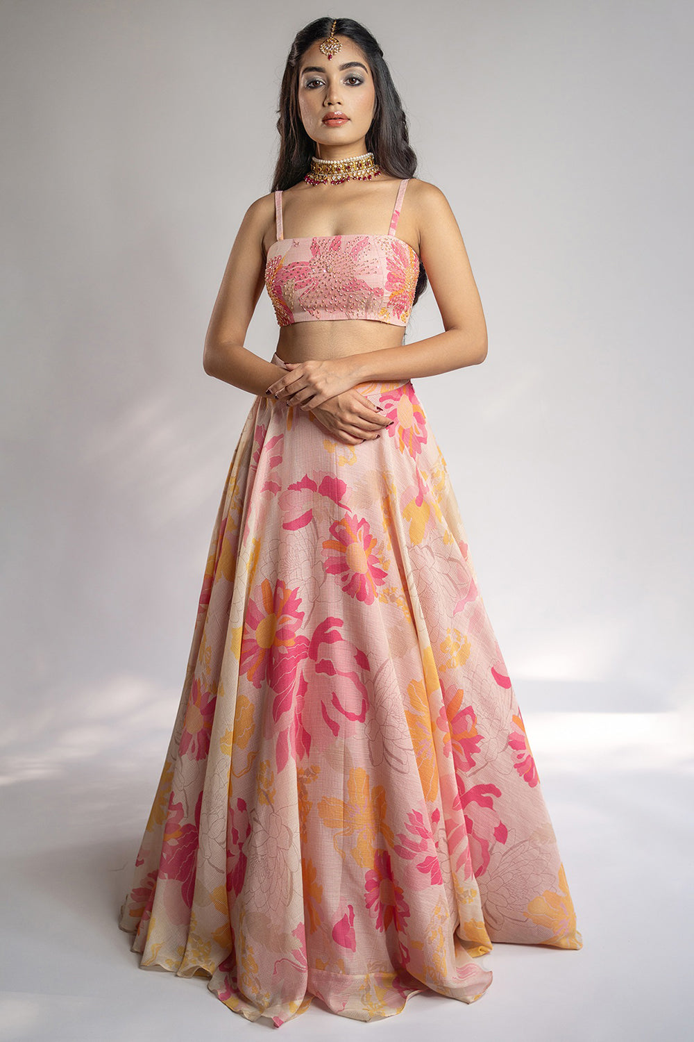 Pink & Yellow Organic Silk Floral Printed Lehenga Set