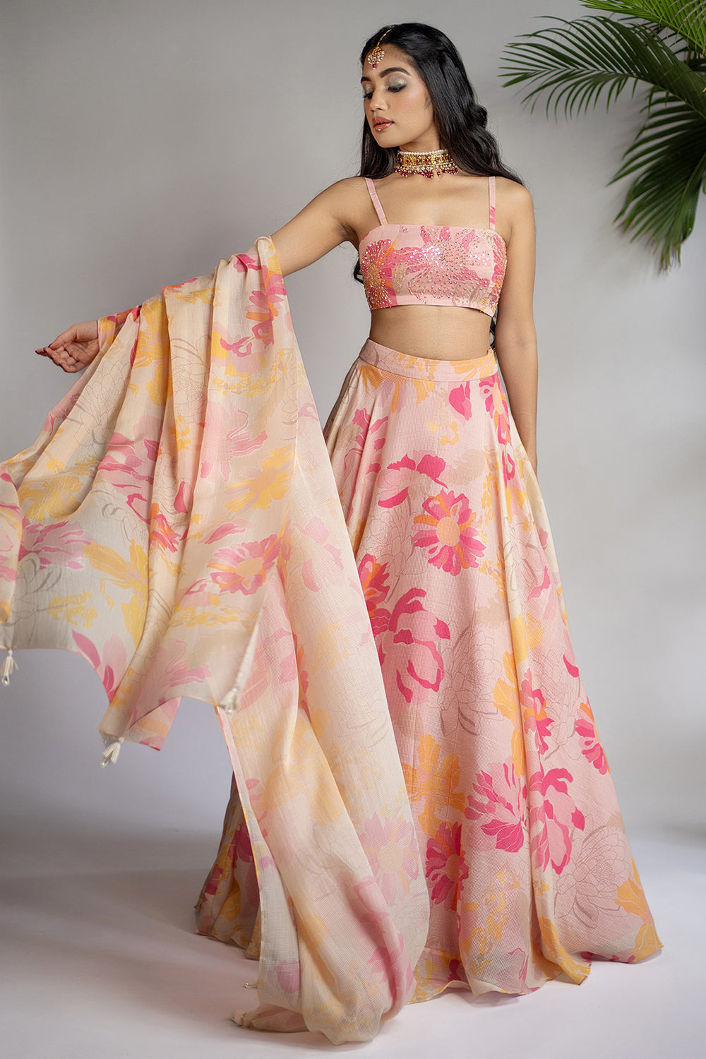 Pink & Yellow Organic Silk Floral Printed Lehenga Set