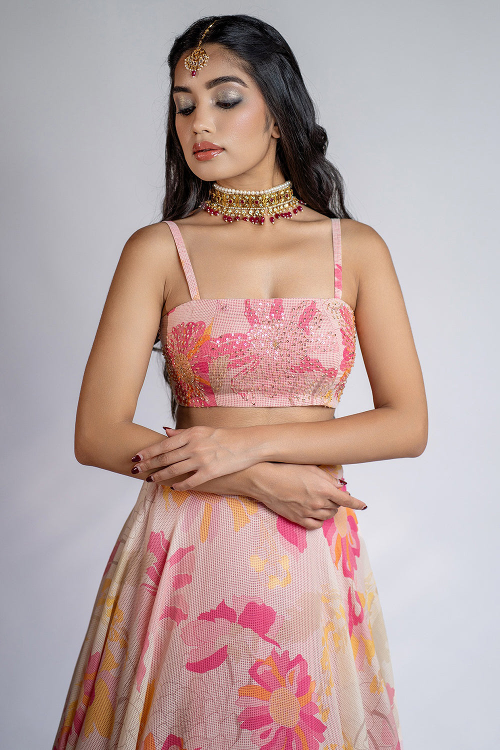Pink & Yellow Organic Silk Floral Printed Lehenga Set