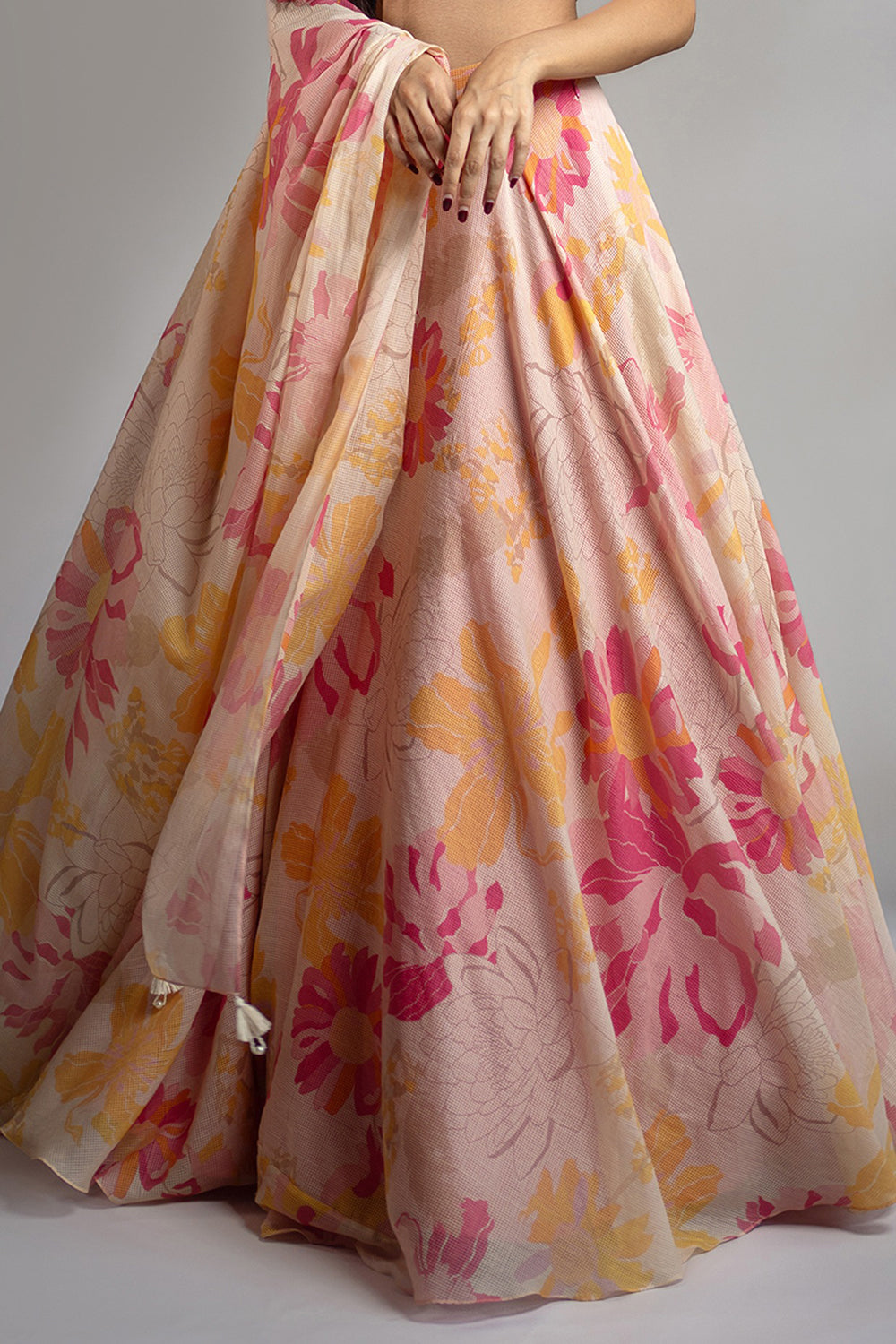 Pink & Yellow Organic Silk Floral Printed Lehenga Set