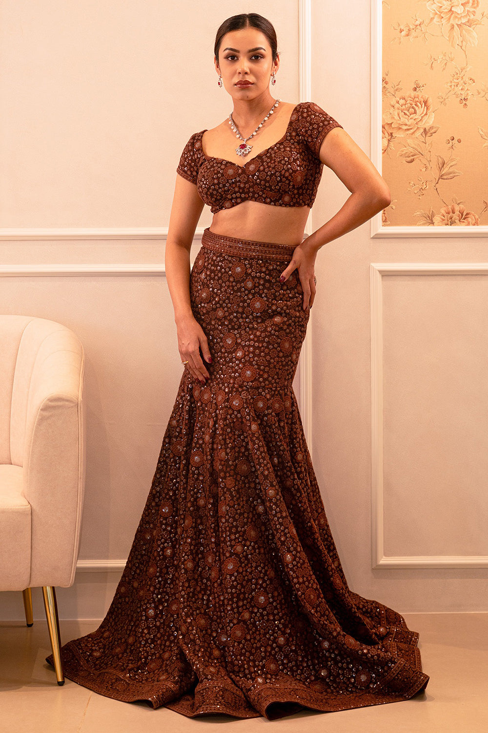 Mocha Brown Chikankari & Georgette Sequins Embroidered Lehenga Set
