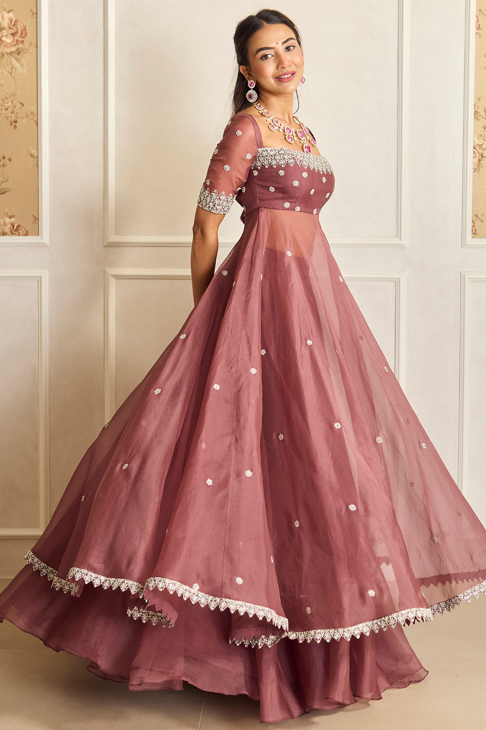 Mauve Pink Organza Embroidered Anarkali Set