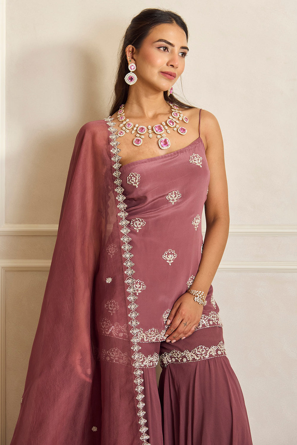 Mauve Pink Organza & Georgette Embroidered Flared Sharara Set