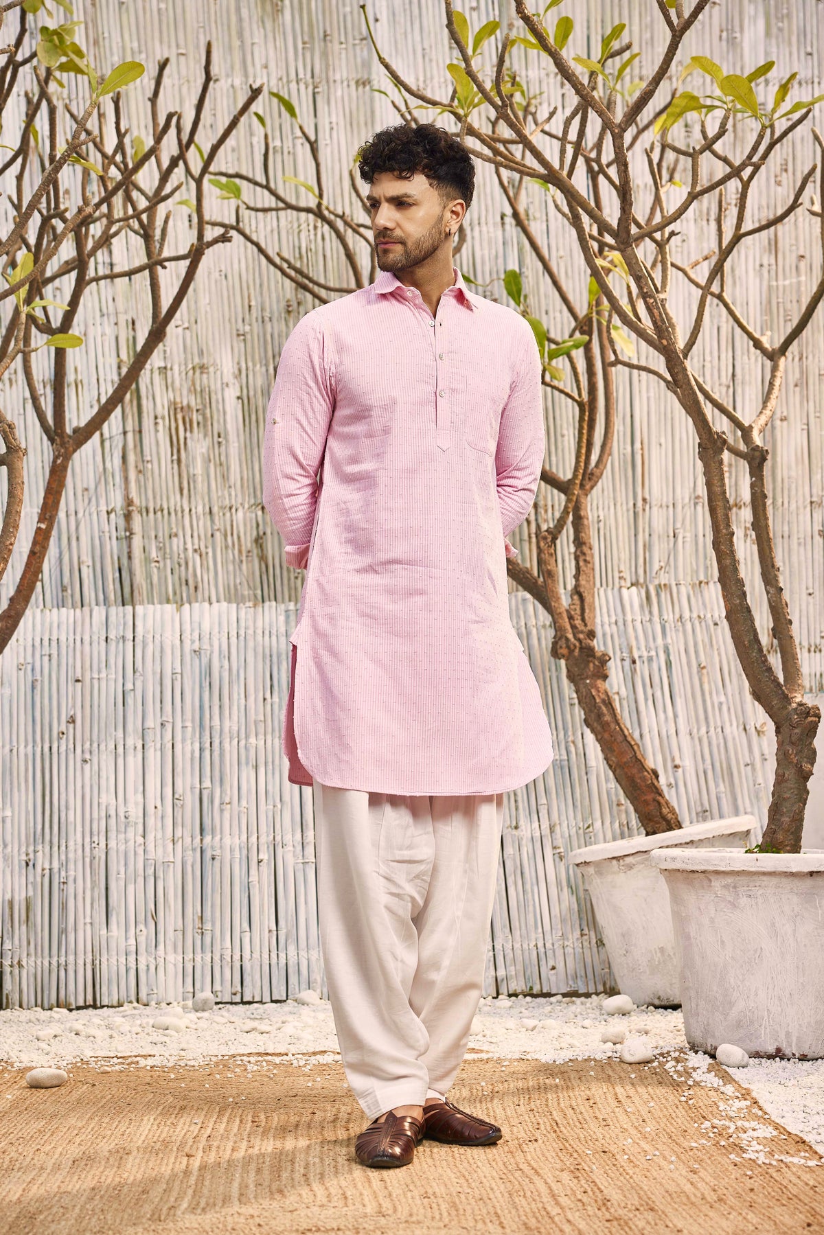Pastel Pink Cotton Pathani With Salwar