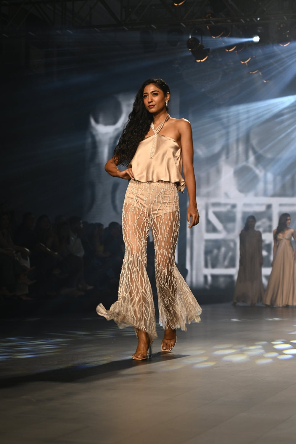 Taupe Halter Top with Intricately Embroidered Flared Pants