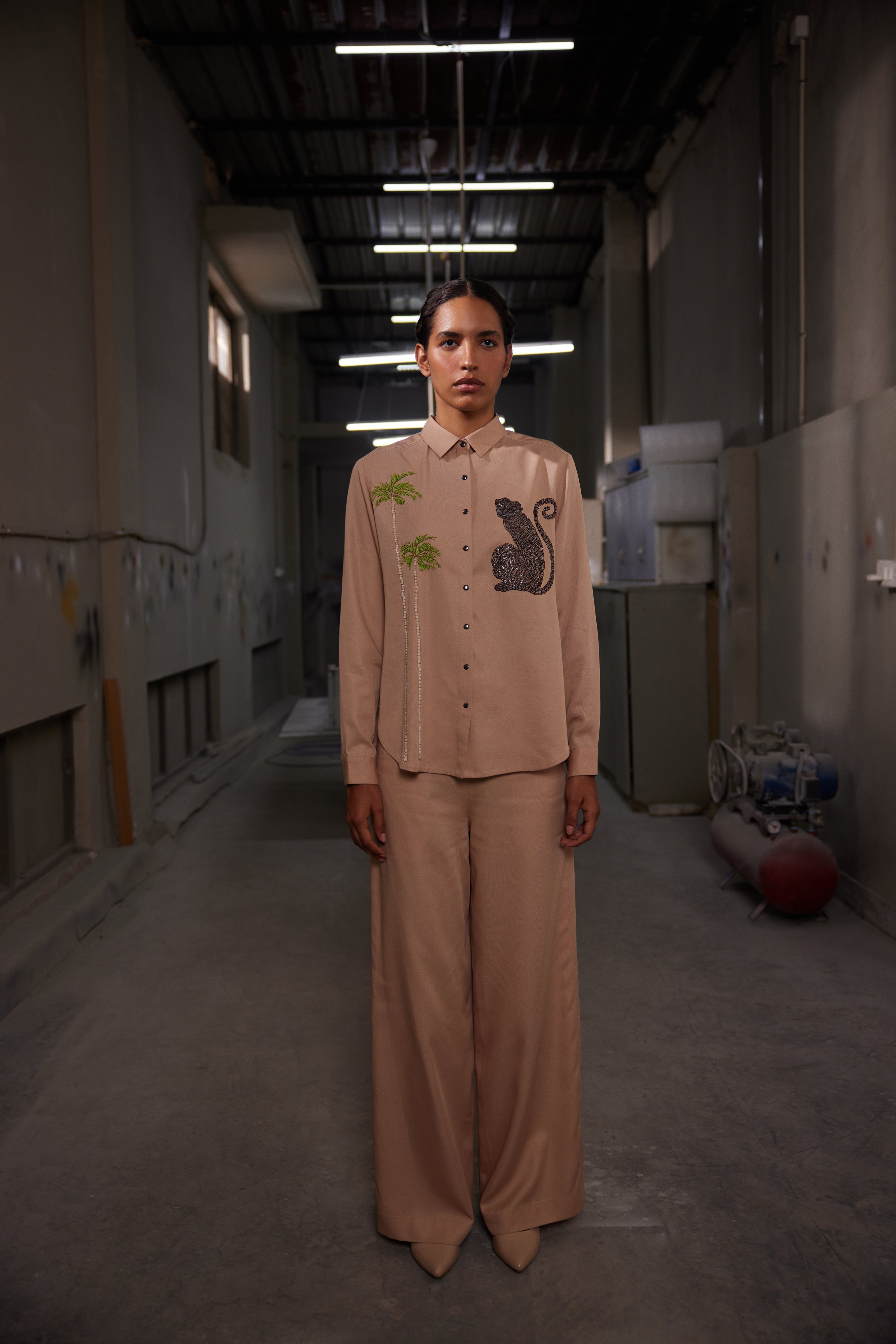 FLARED PANTS OF ( MONKEY AND TREES HIGH LOW SHIRT )