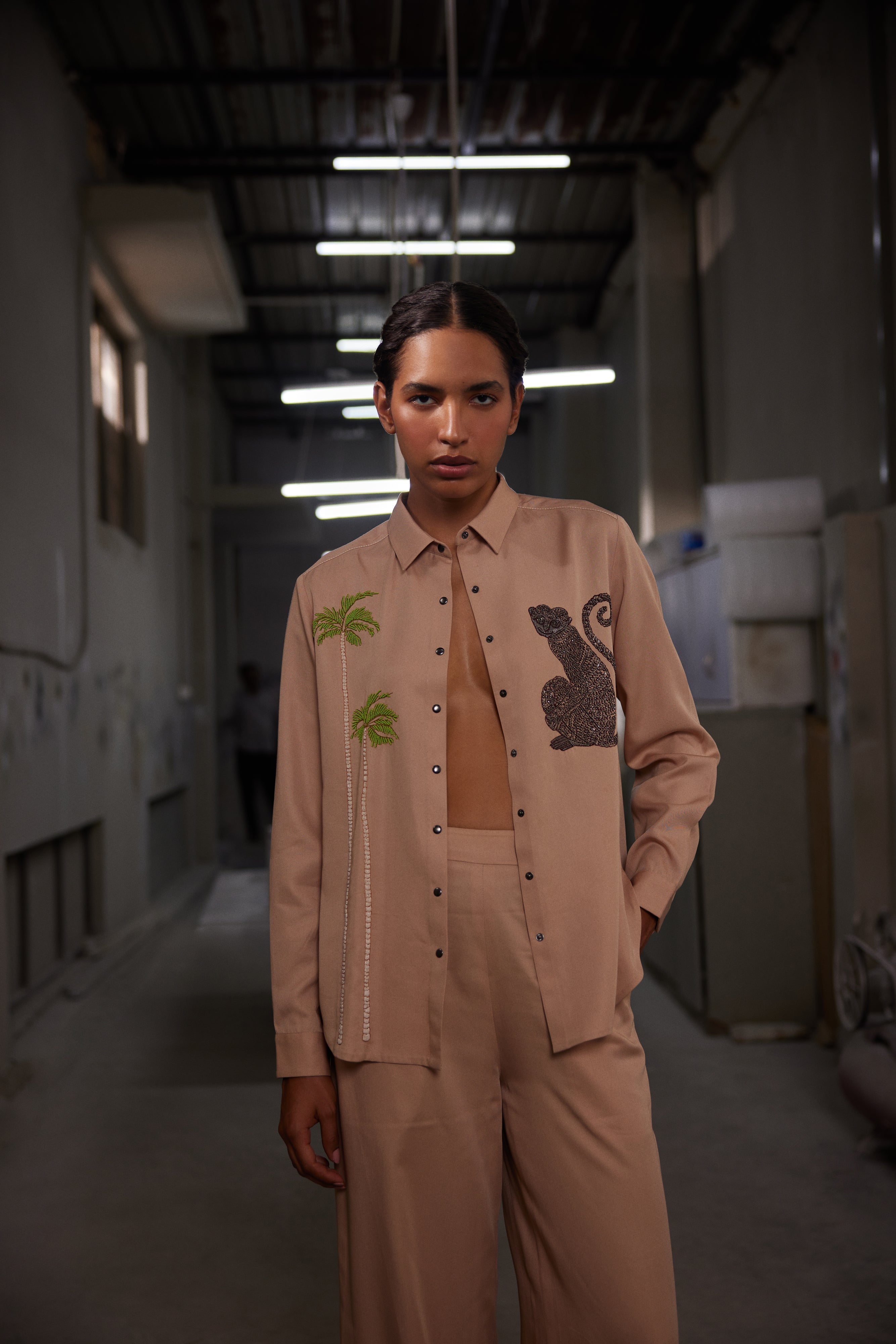 FLARED PANTS OF ( MONKEY AND TREES HIGH LOW SHIRT )