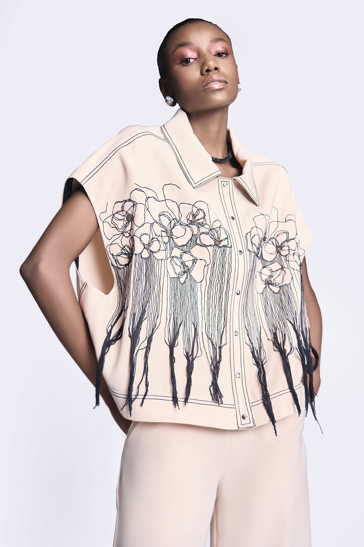 Abstract Roses Oversized Shirt Jacket With Flared Pants