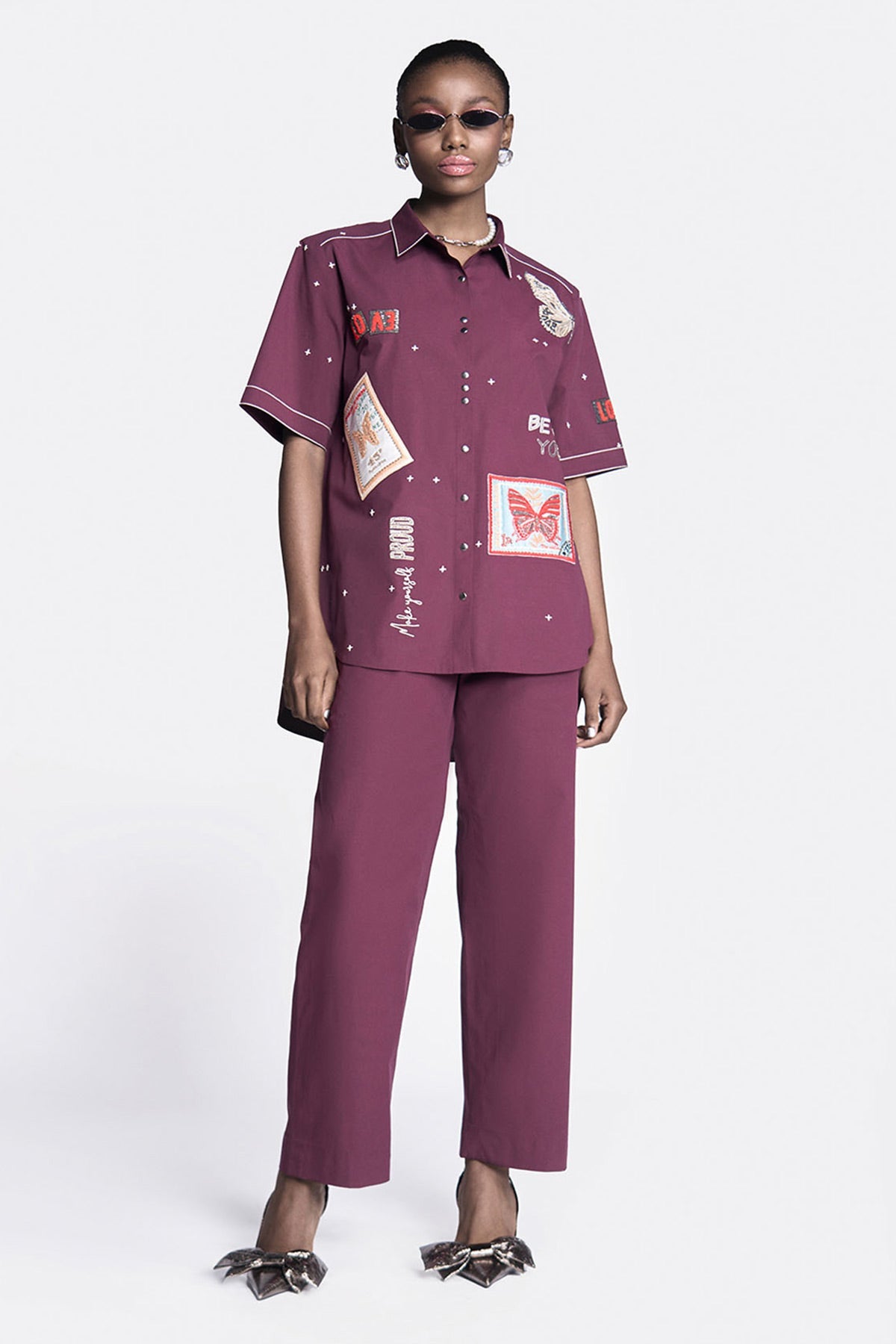 Butterfly Stamp High Low Shirt With Straight Pants