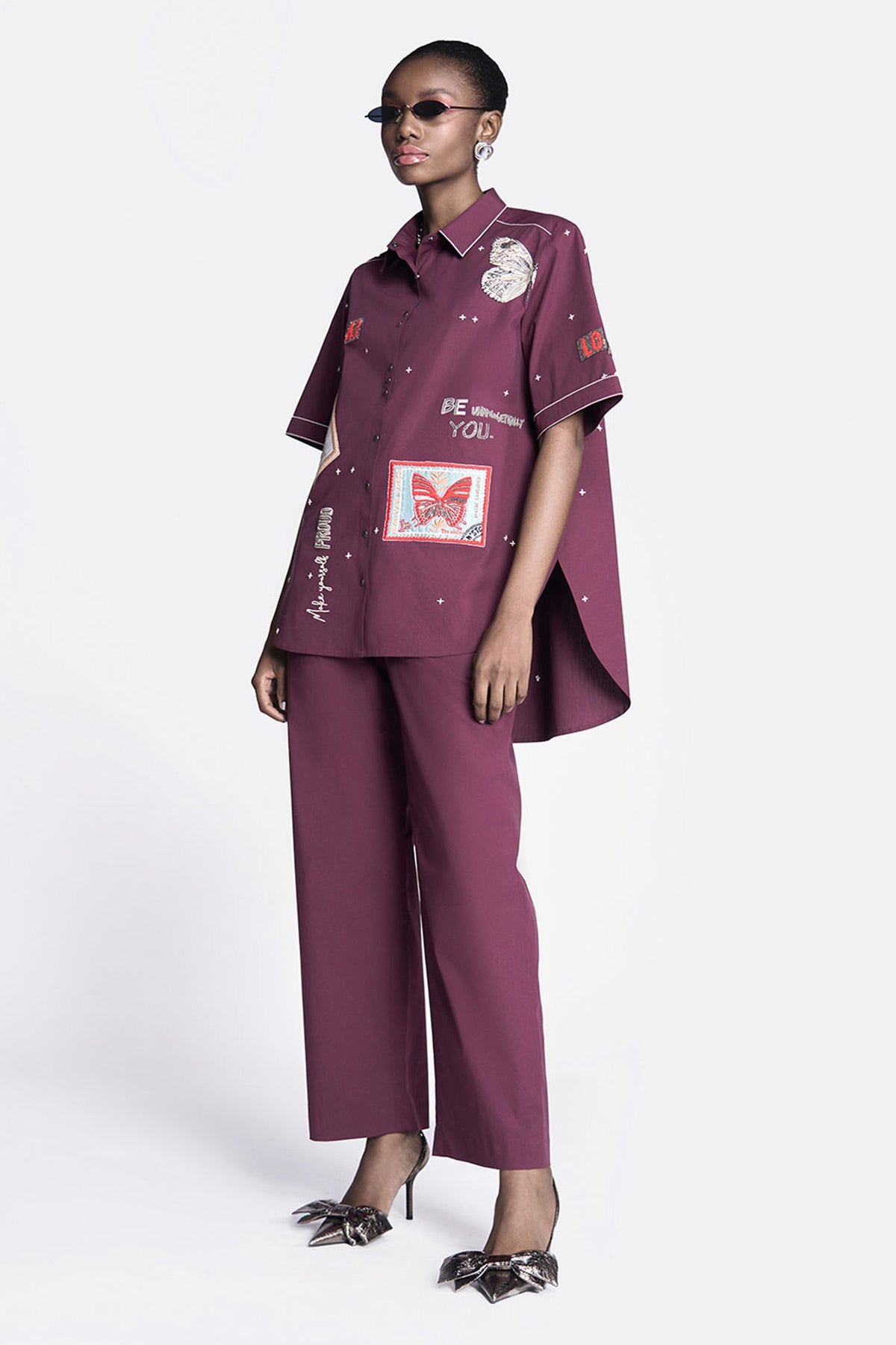 Butterfly Stamp High Low Shirt With Straight Pants