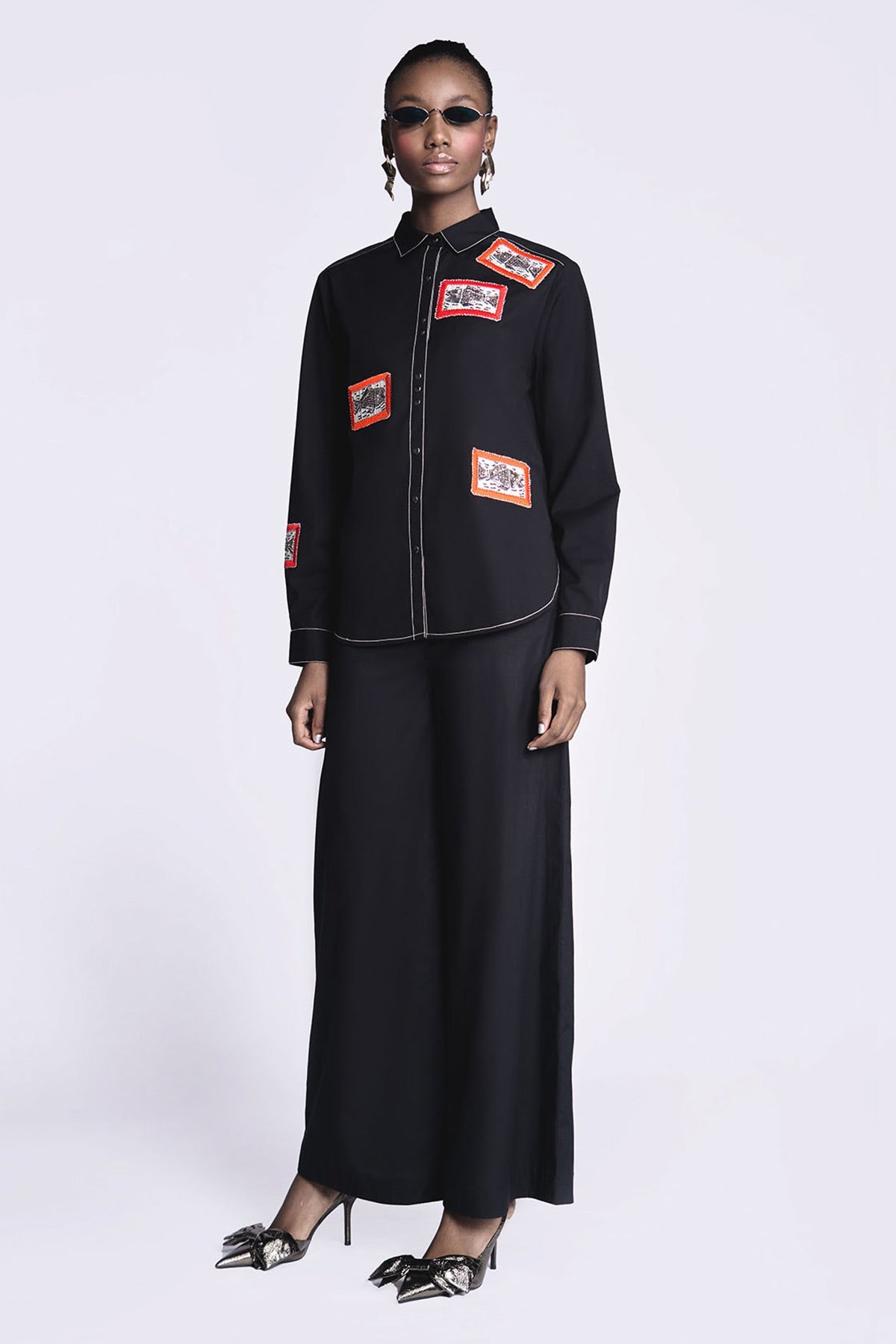 Fish Patch High Low Shirt With Flared Pants