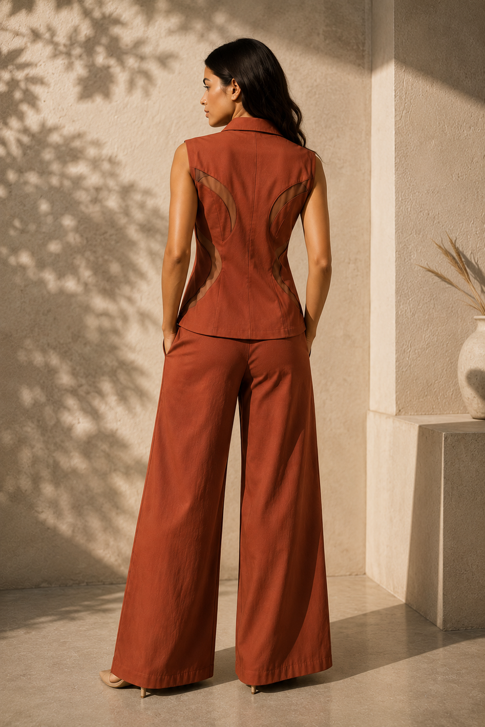 Elegant Rust Sleeveless Cotton Blend Co-Ord Set with Wide-Leg Trousers