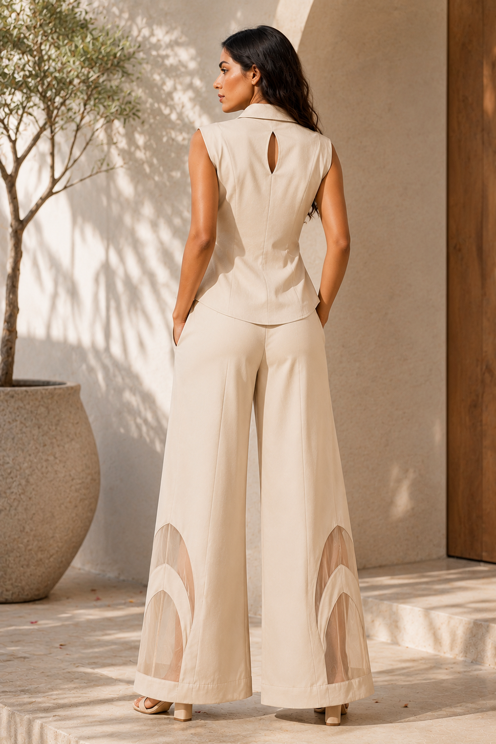 Elegant Beige Sleeveless Cotton Blend Shirt with Wide-Leg Trousers