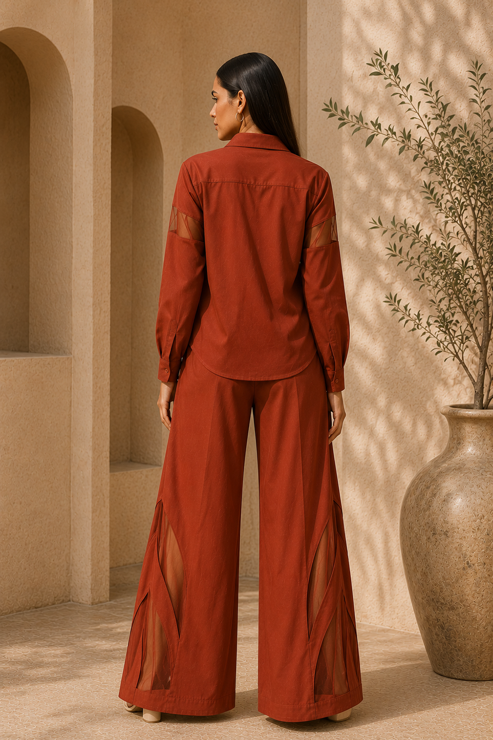 Rust Cotton Blend Full Sleeve Shirt & Wide-Leg Pants Co-Ord Set