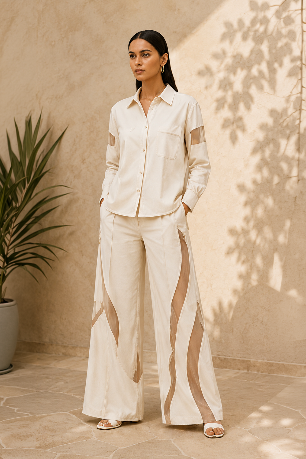 Ivory Cotton Blend Shirt & Wide-Leg Pants Co-Ord Set