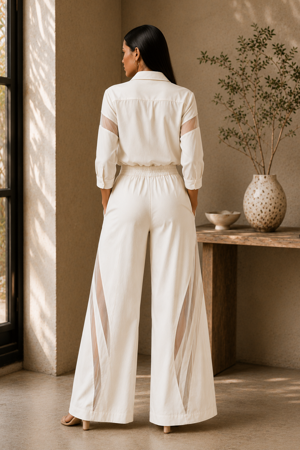 Ivory Cotton Blend Sheer Detail Shirt & Wide-Leg Pants Co-Ord Set for Women