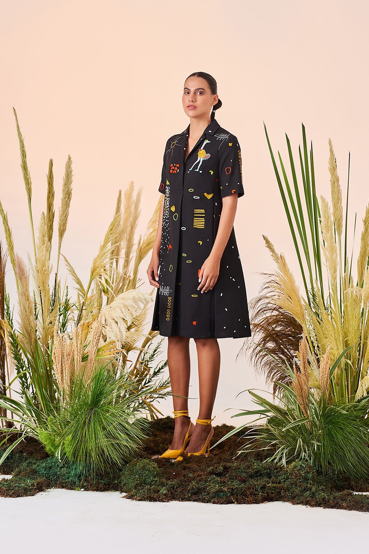 Abstract Shapes And Ostrich Panelled Waist Dress
