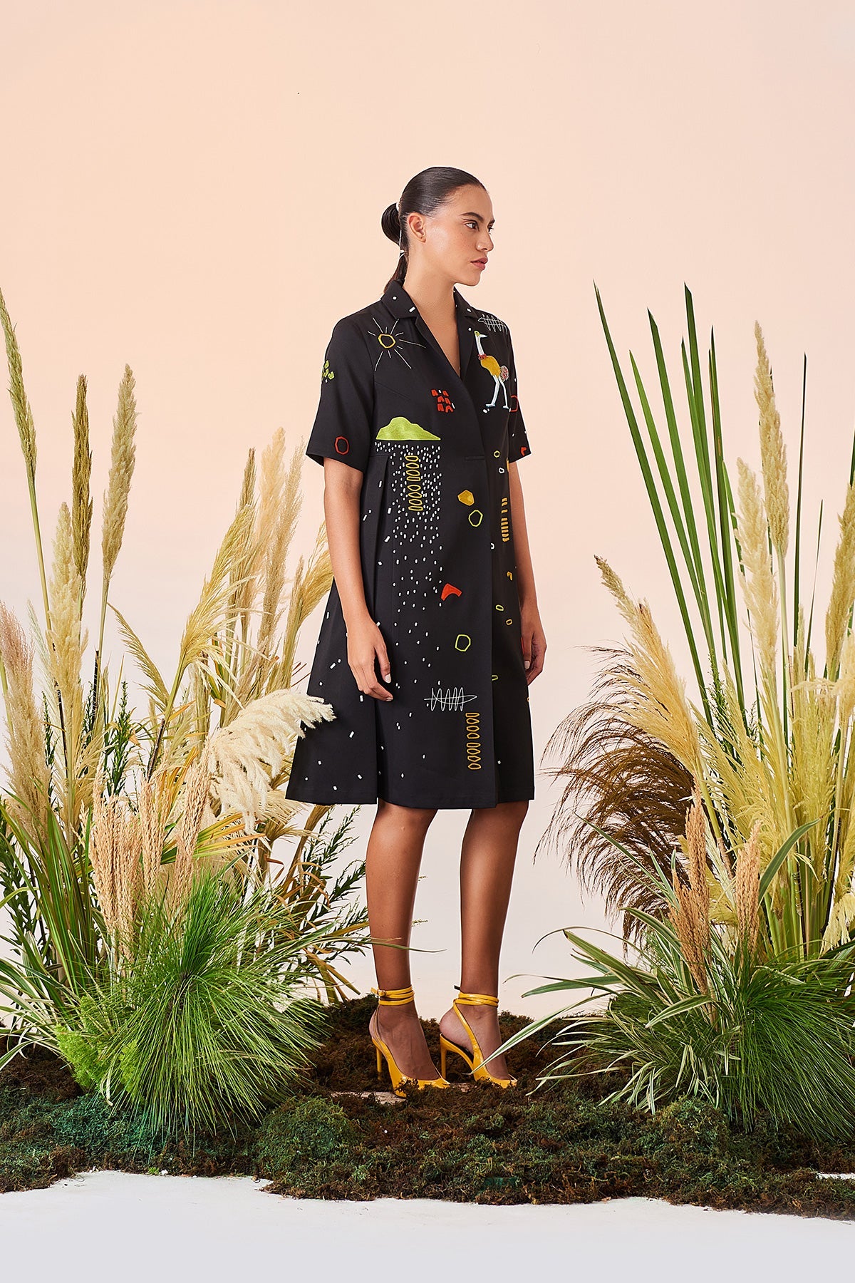 Abstract Shapes And Ostrich Panelled Waist Dress