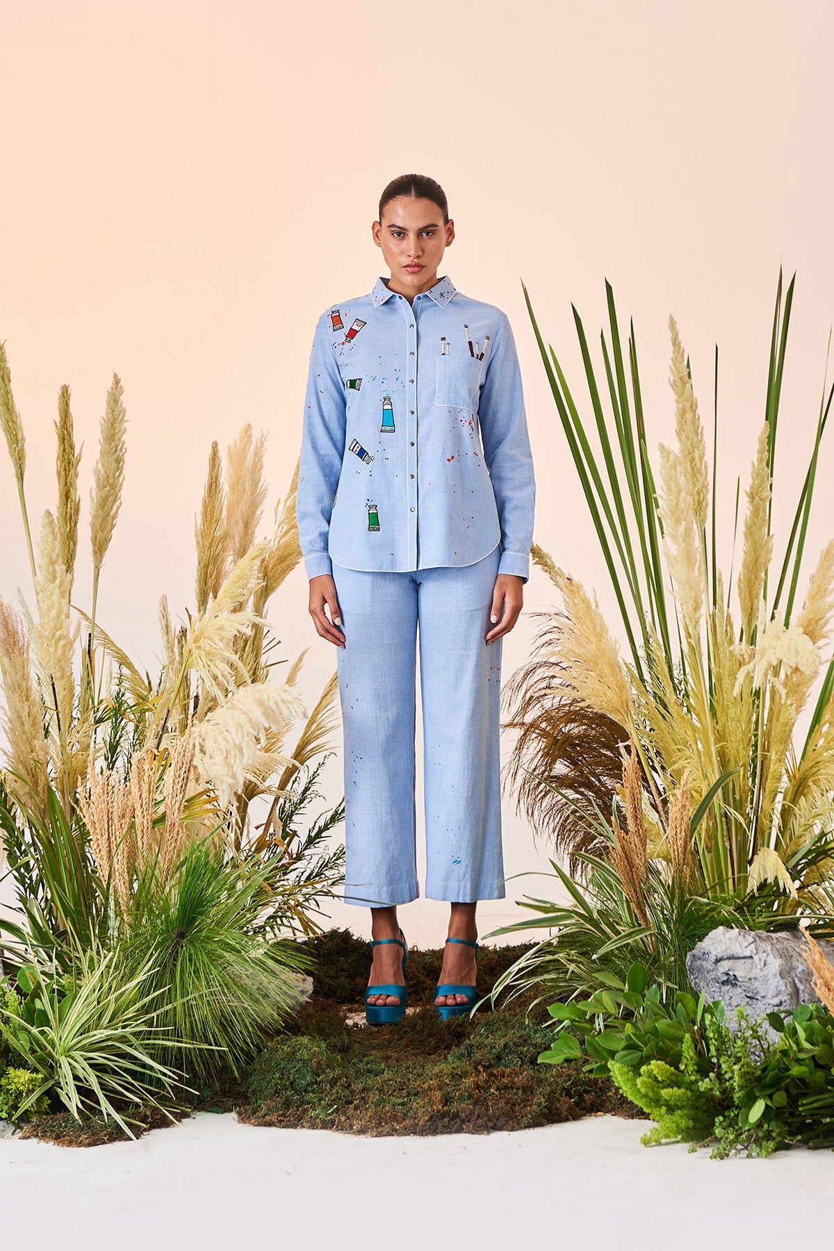 Paint Brush High Low Shirt And Straight Pants