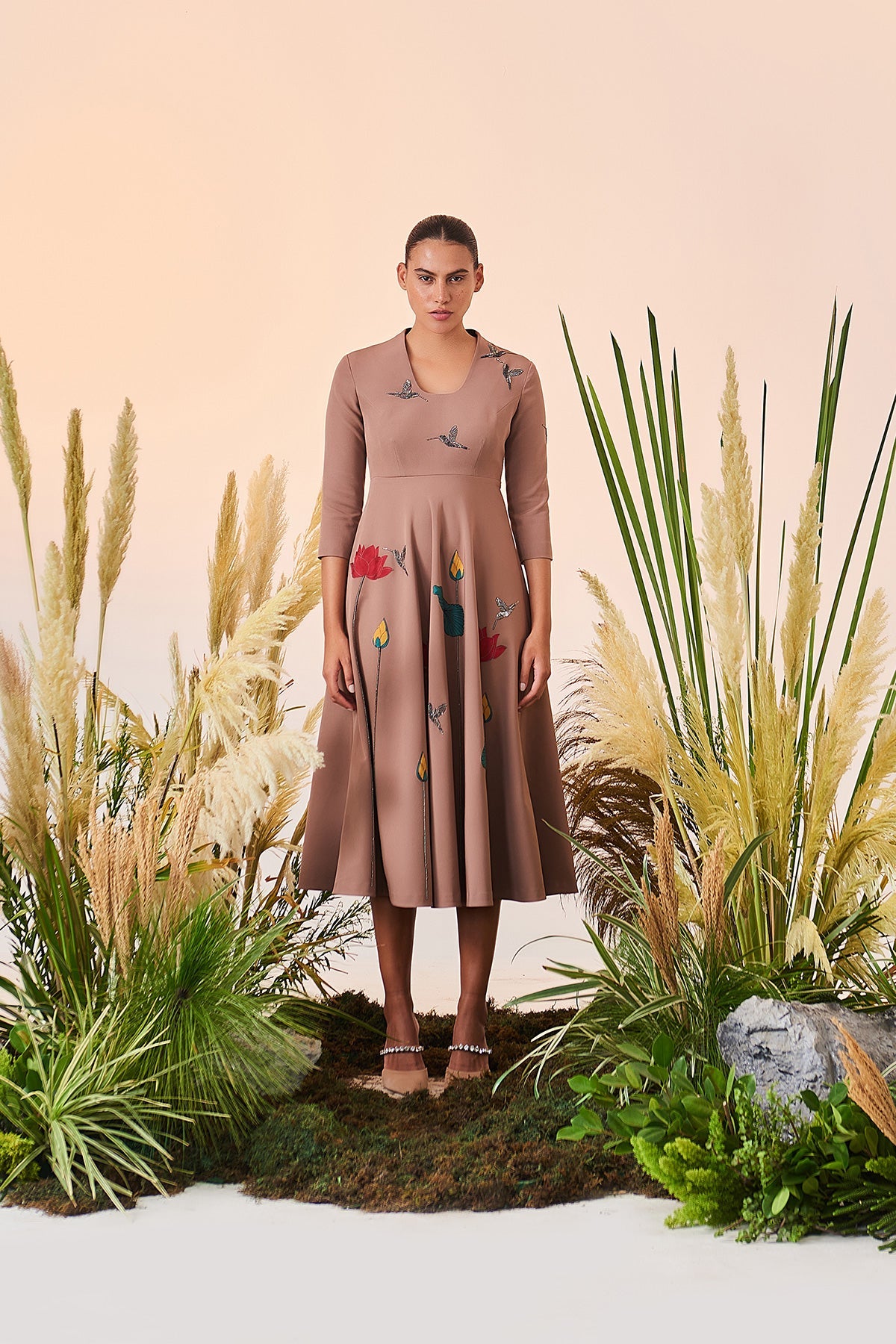 Lotus And Humming Bird Circular Midi Dress