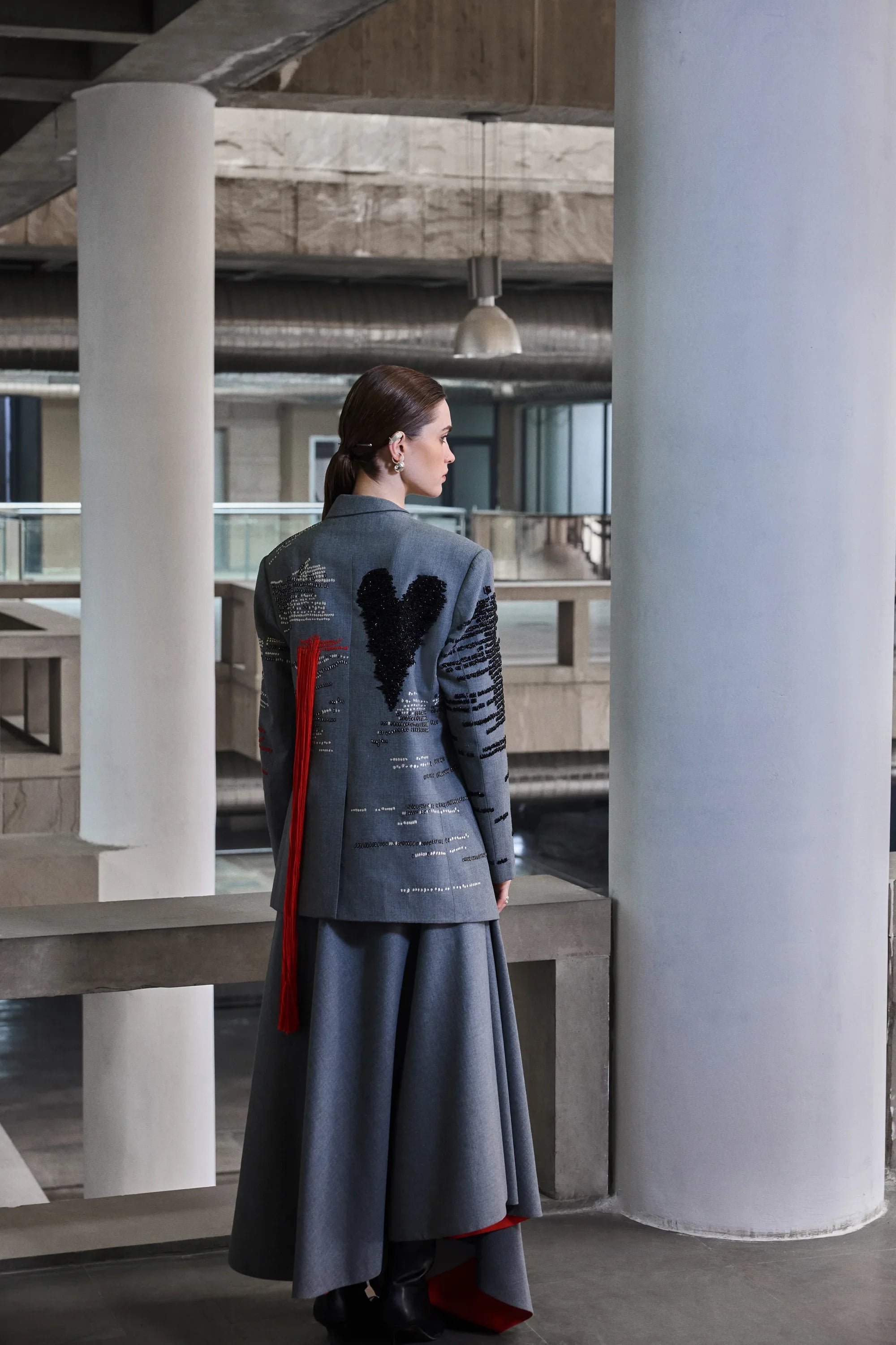 CUTLERY WRAP JACKET WITH ASYMMETRIC DRAPED SKIRT