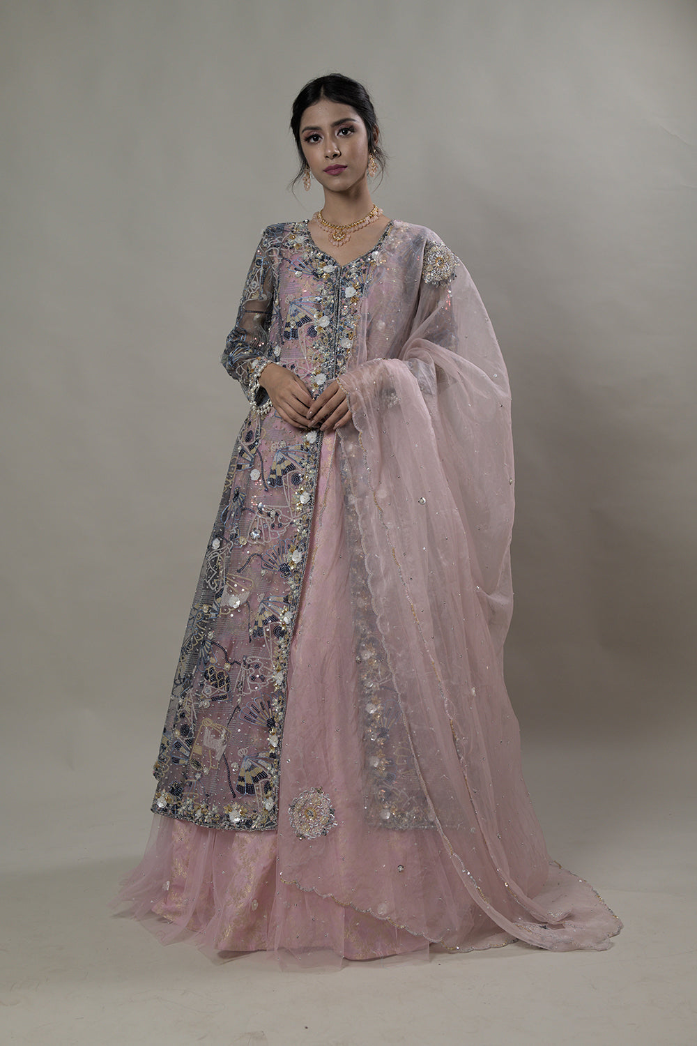 Baby Pink Sequin Embellished Jacket with Lehenga