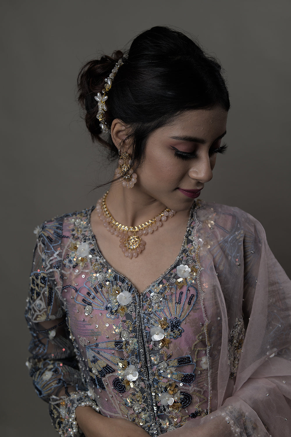 Baby Pink Sequin Embellished Jacket with Lehenga