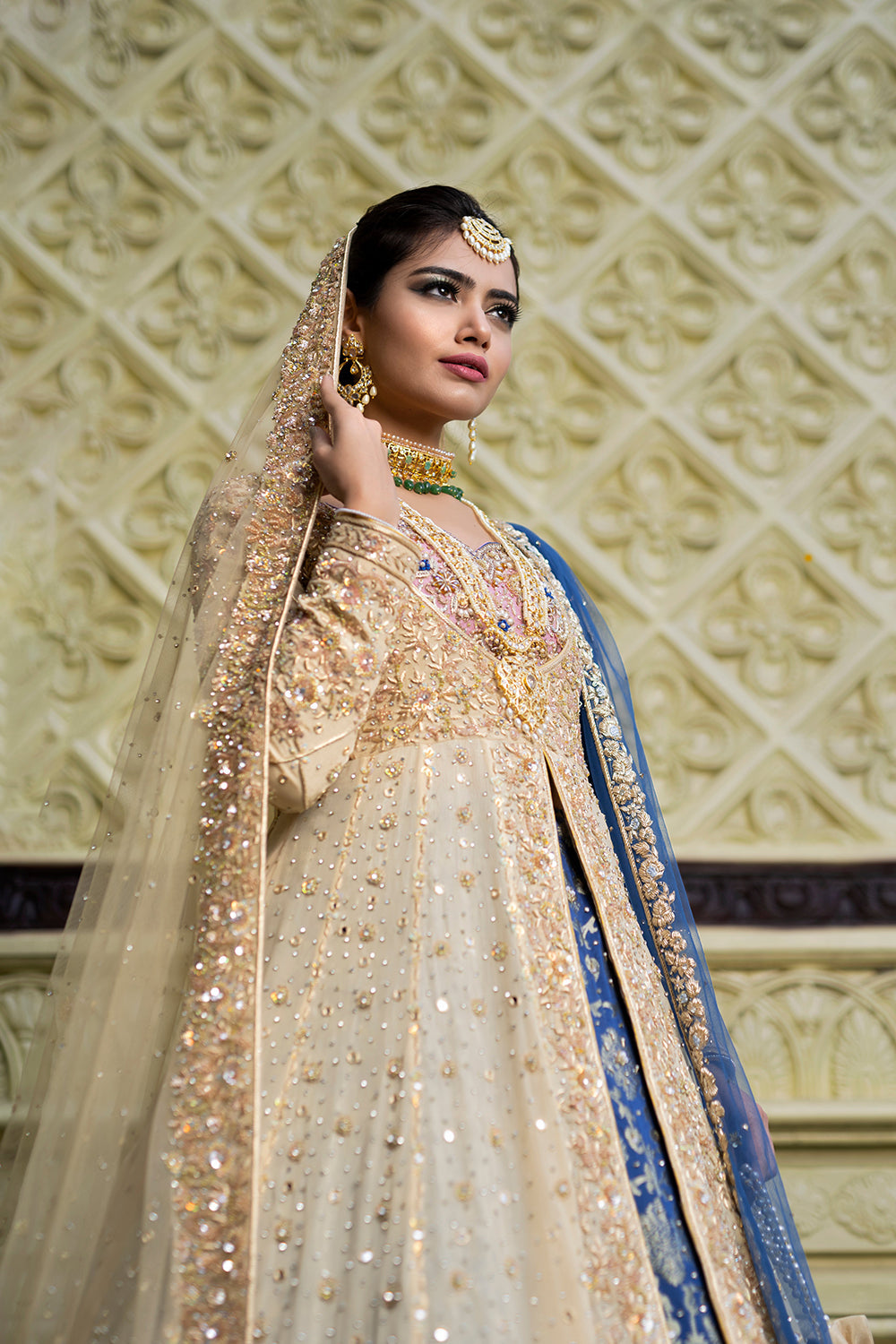 Golden Jacket with Teal Lehenga