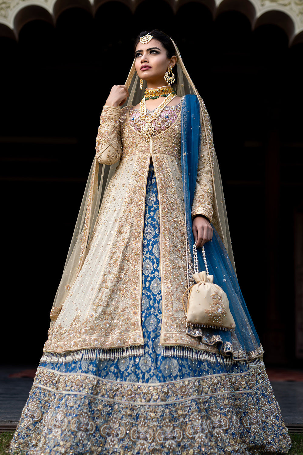Golden Jacket with Teal Lehenga