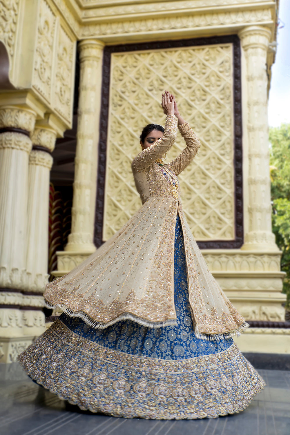 Golden Jacket with Teal Lehenga