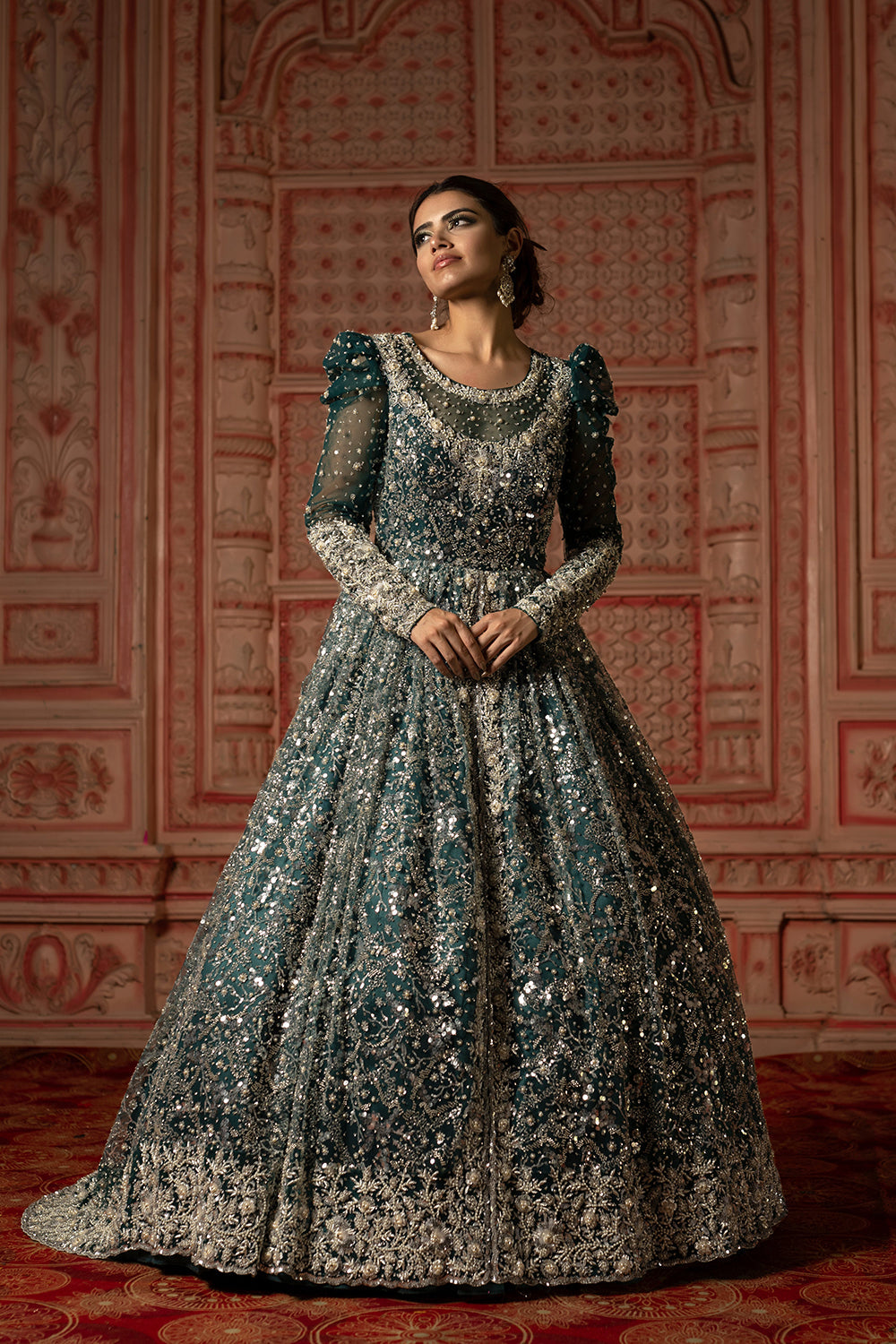 Emerald Green Sequin Trail Gown.