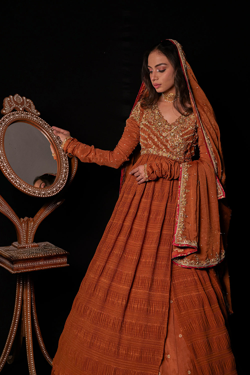 Ruched anarkali with lehenga