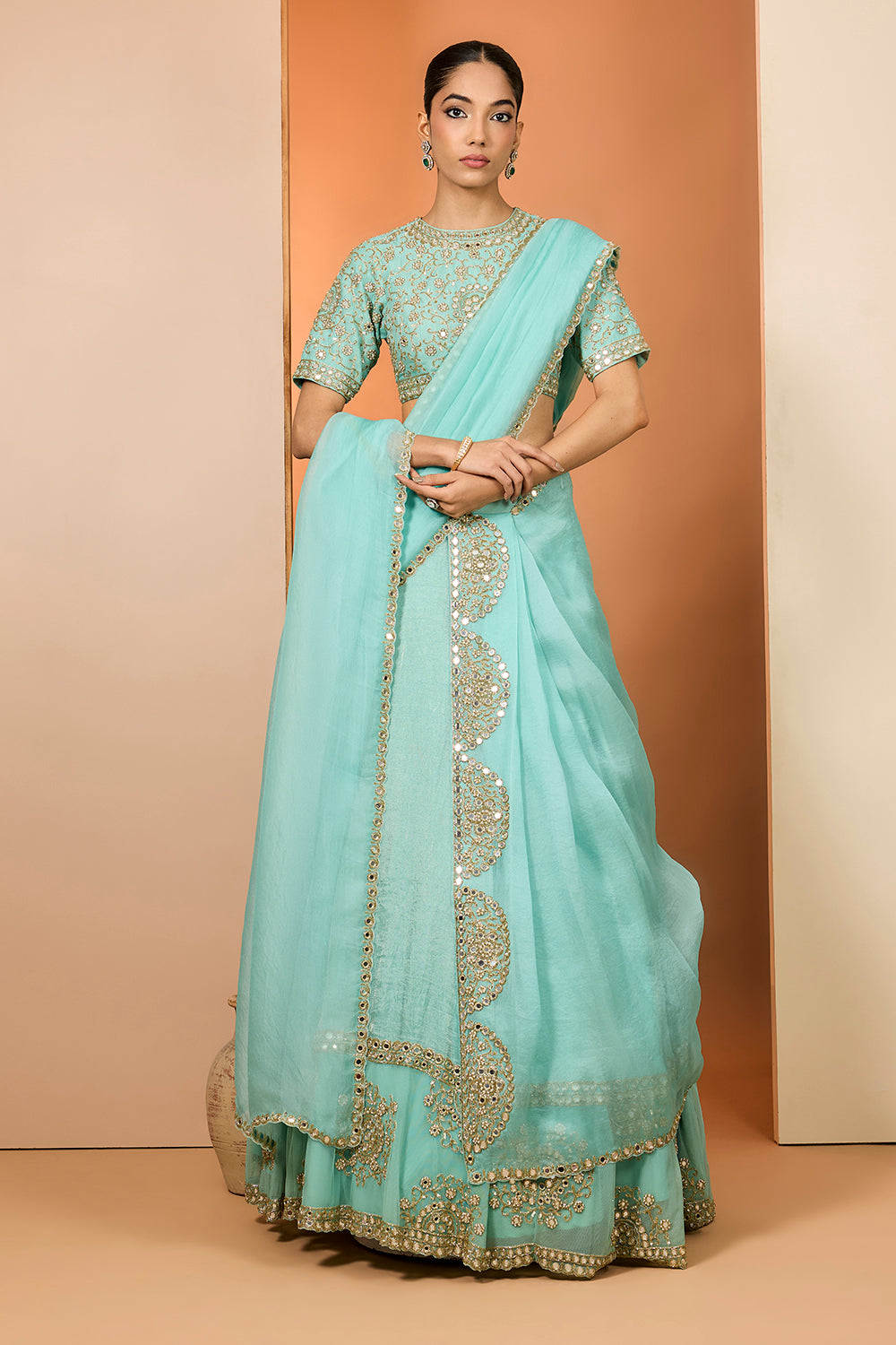 Sky Blue Tissue Silk Hand Embroidered Lehenga Set With Puresatin Silk Blouse And Silk Organza Dupatta