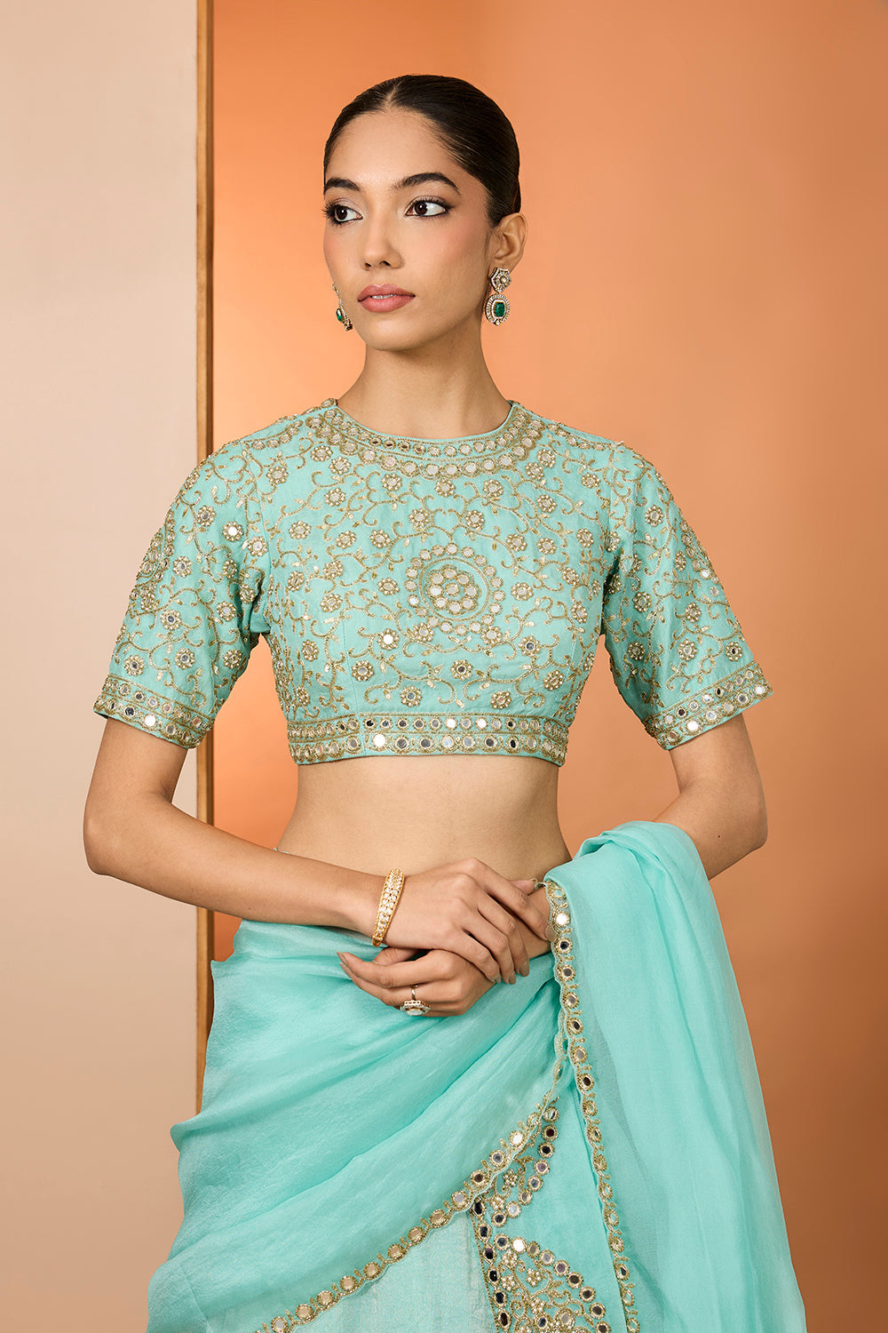 Sky Blue Tissue Silk Hand Embroidered Lehenga Set With Puresatin Silk Blouse And Silk Organza Dupatta