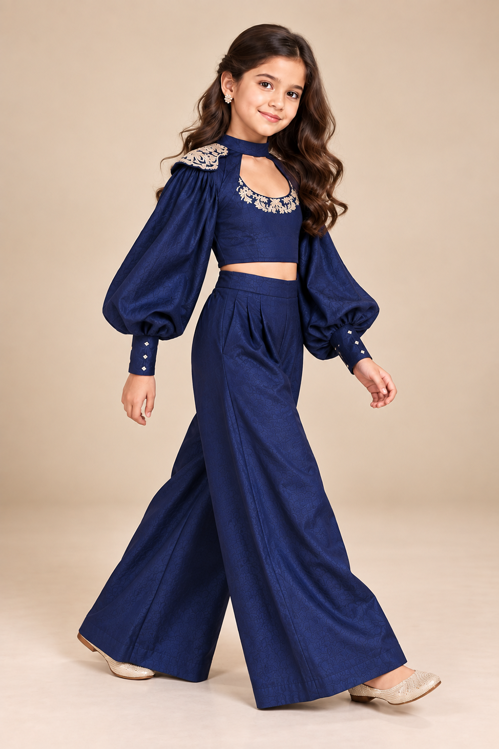 Embroidered Crop Top With Statement Sleeves ,Paired With Wide Leg Trouser