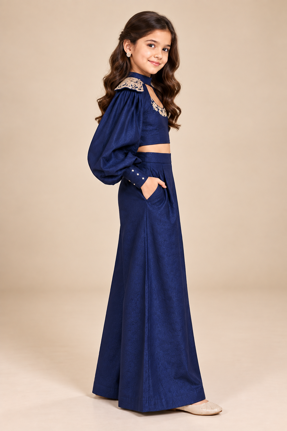 Embroidered Crop Top With Statement Sleeves ,Paired With Wide Leg Trouser