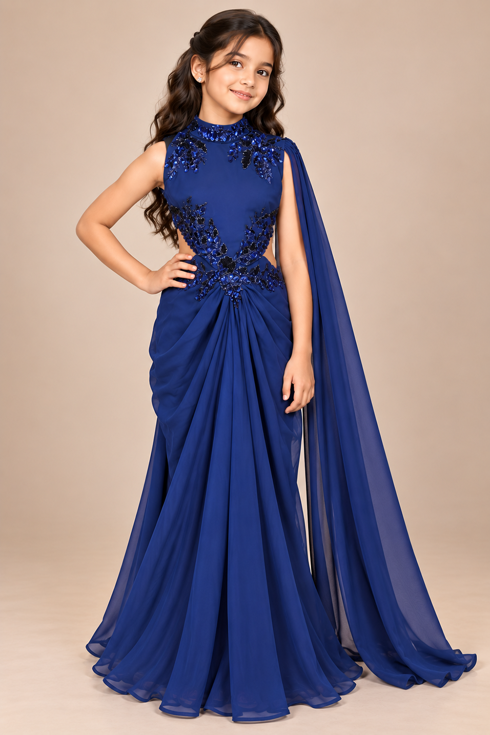 Striking Floor Length Gown With Delicate Neck And Flowing Drape