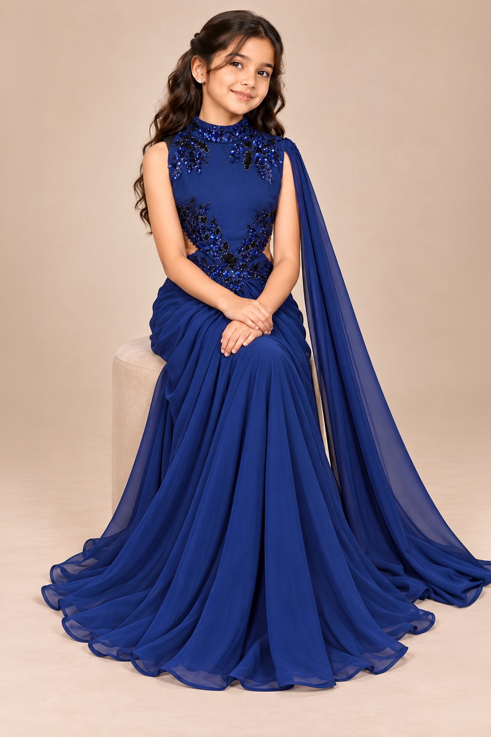 Striking Floor Length Gown With Delicate Neck And Flowing Drape