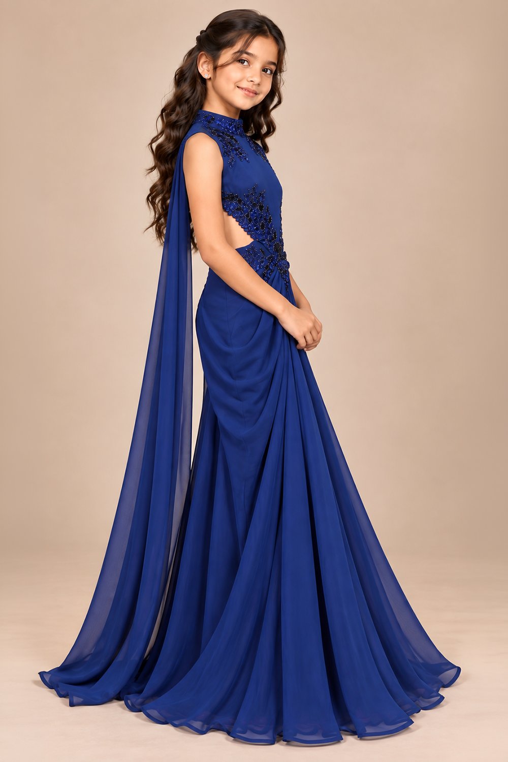 Striking Floor Length Gown With Delicate Neck And Flowing Drape