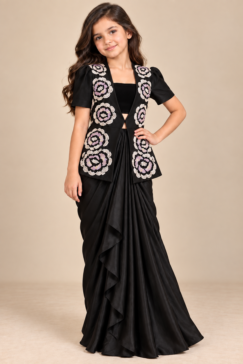 Sleek Draped Skirt Paired With With A Statement Jacket Adorned With Floral Embroidery And Crop Top
