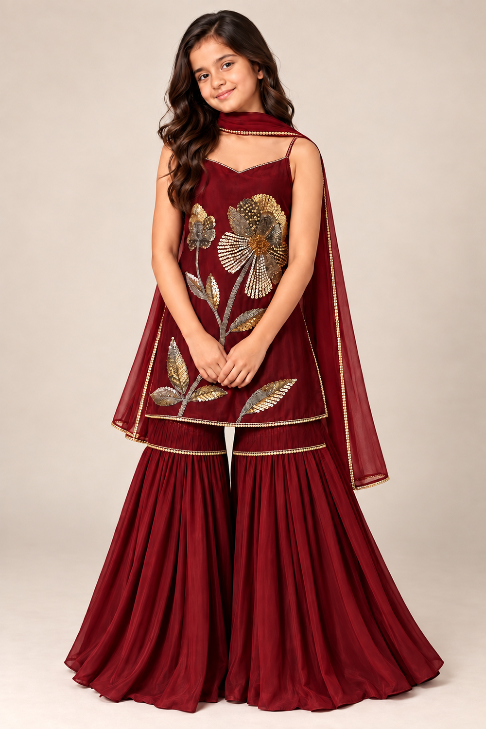 A Rich Maroon Hand Embroidered Suit With Gharara And Laced Dupatta