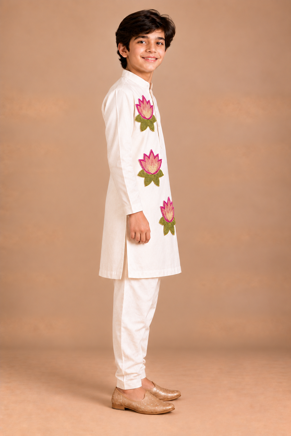 Off - White Kurta Pajama With Vibrant Pink Lotus Embroidery Motif