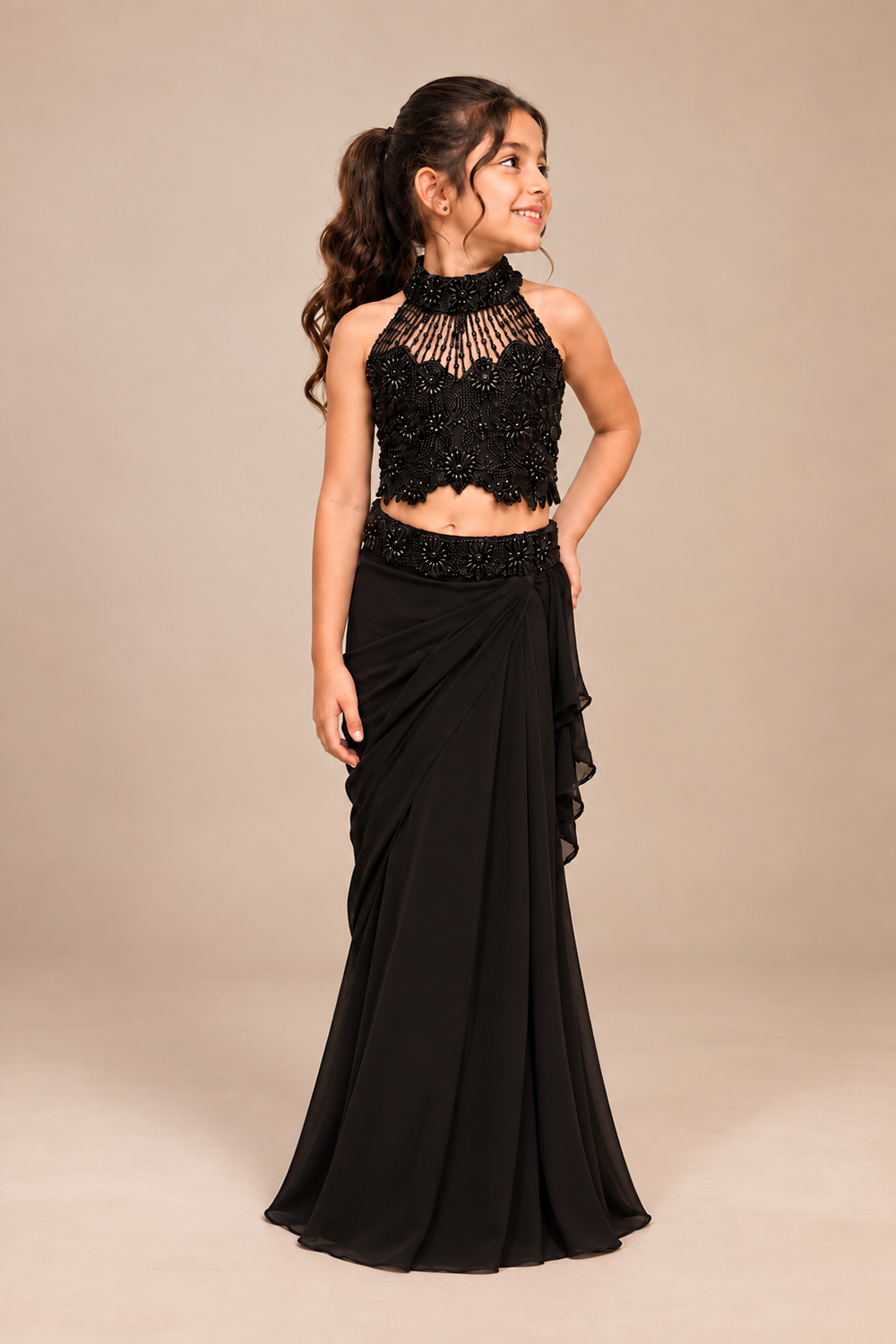 Black Pre-Draped Skirt Paired With Floral Embroidery Halter Top