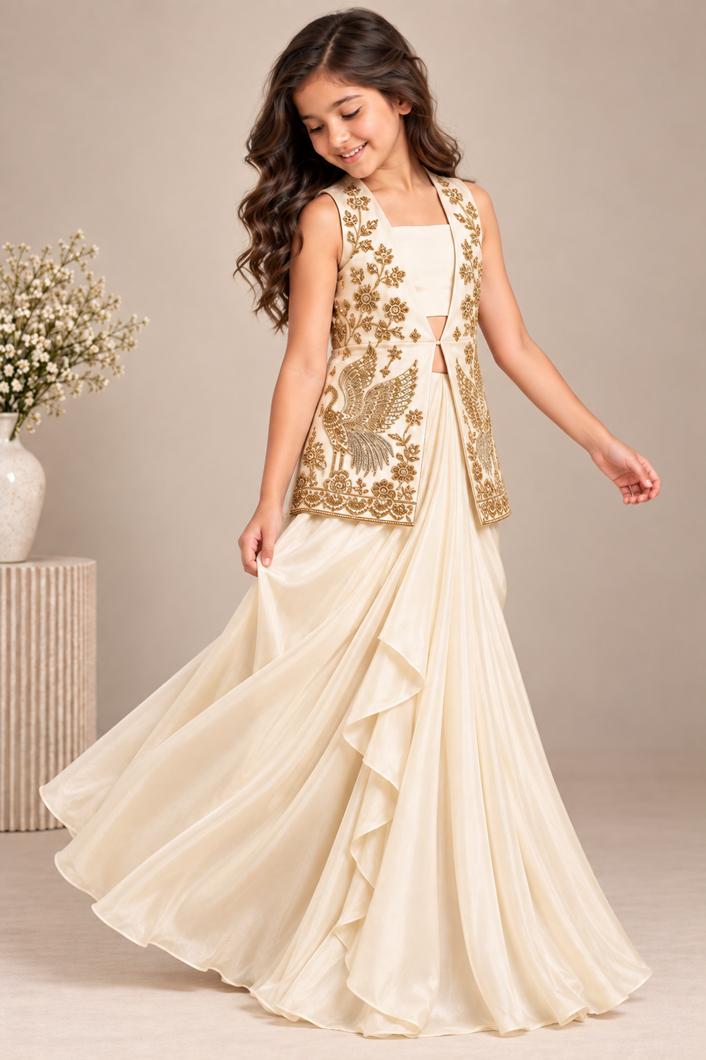 Sleek Draped Skirt Paired With With A Beautiful Embroidered Jacket  And A Crop Top