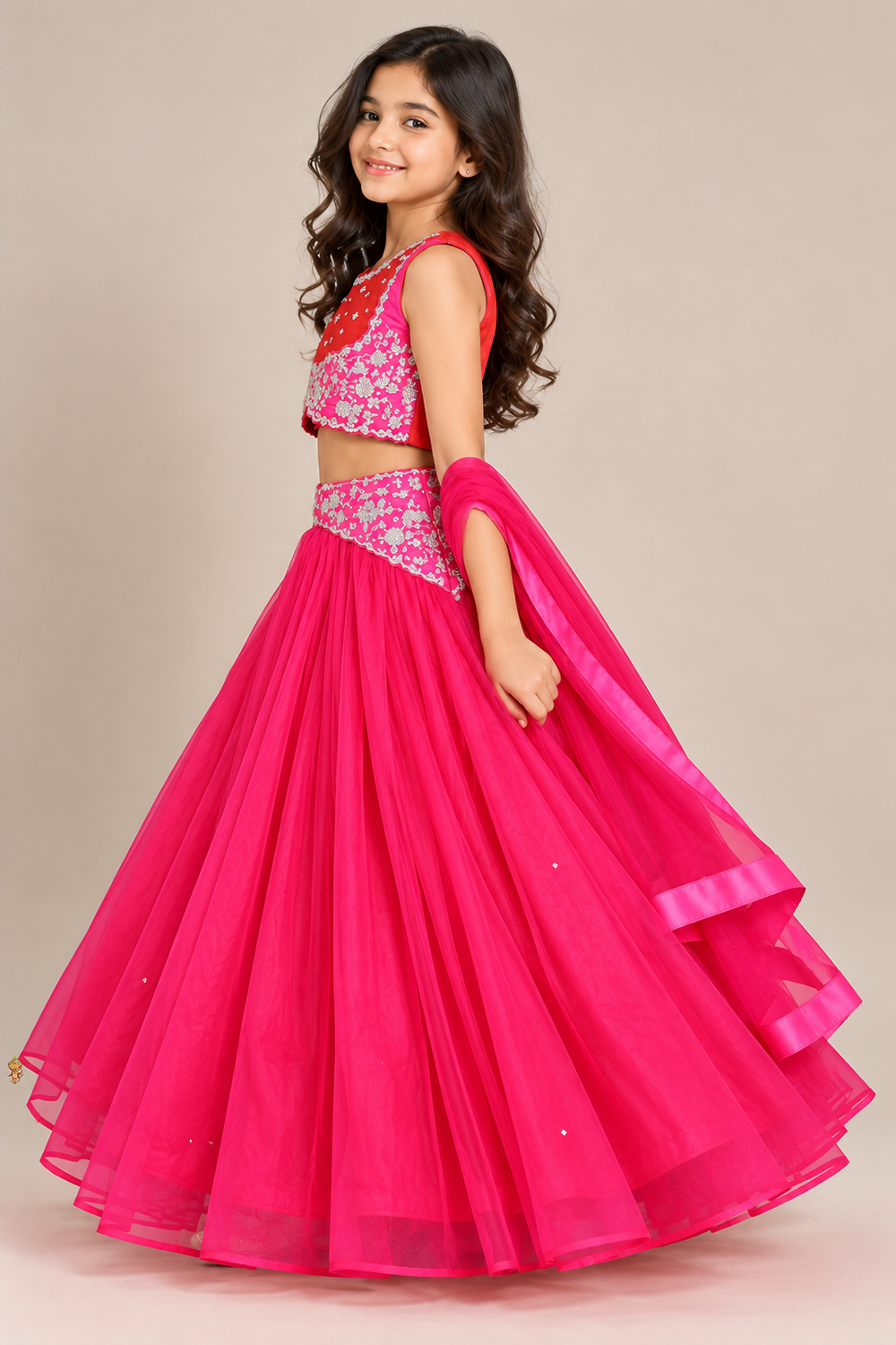 Vibrant Hot Pink Lehenga Featuring Hand Embroidery, A Flowy Skirt And Matching Dupatta