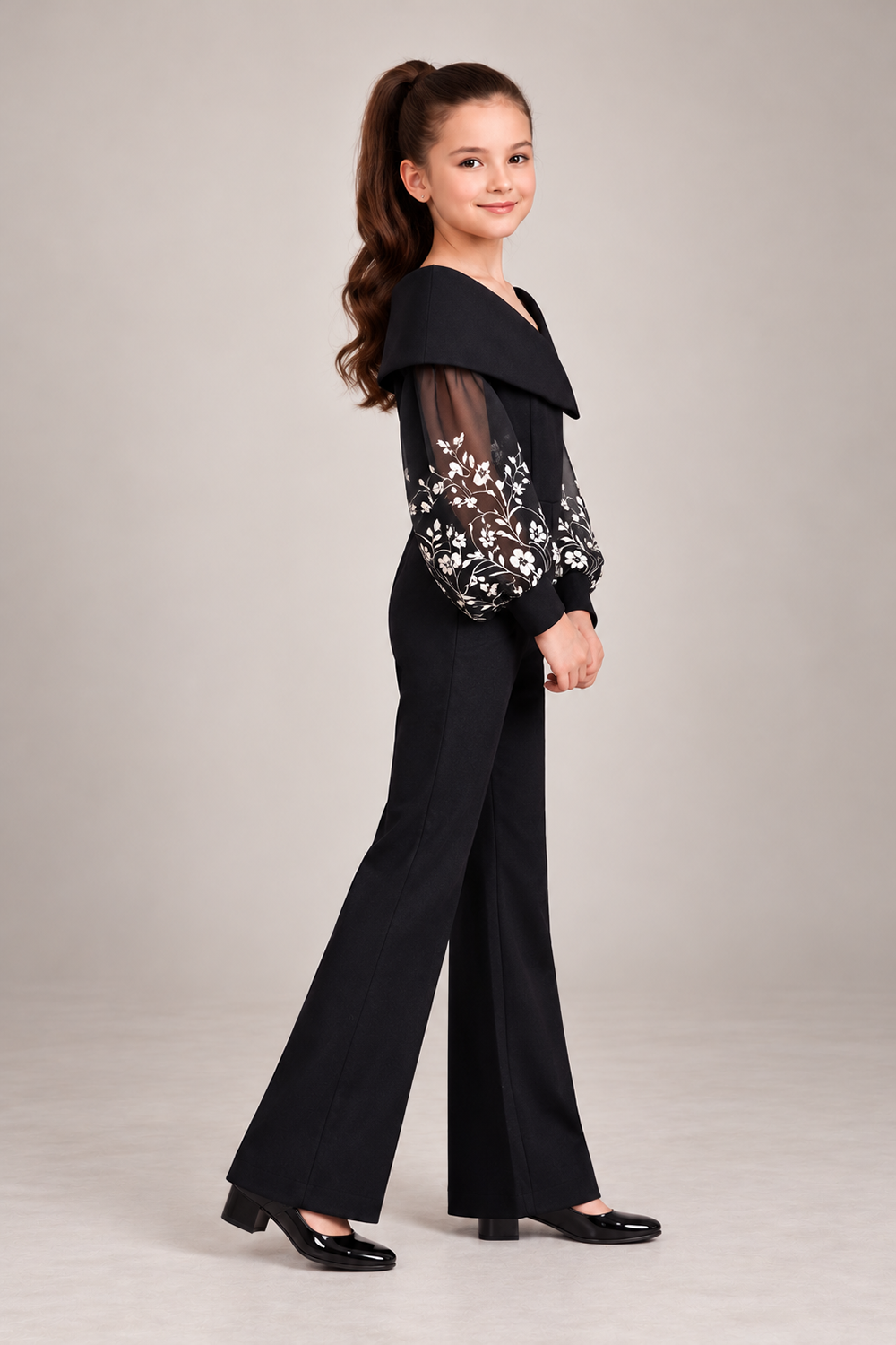 Black Jumpsuit With Elegant Off Shoulder Collar, Sheer Sleeves With Embroidery