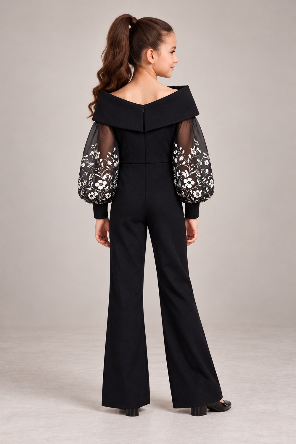Black Jumpsuit With Elegant Off Shoulder Collar, Sheer Sleeves With Embroidery